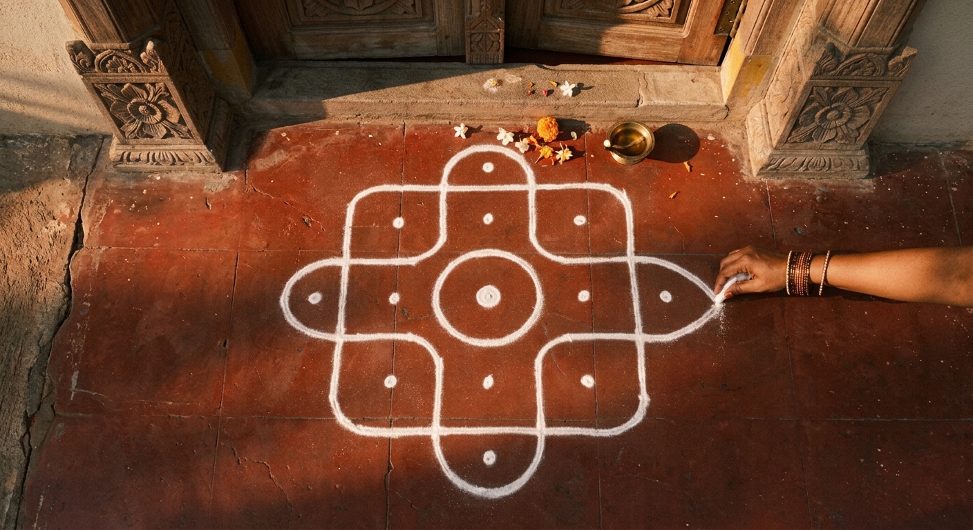 A traditional kolam pattern drawn by hand on a threshold, the geometric source of the mark's structure