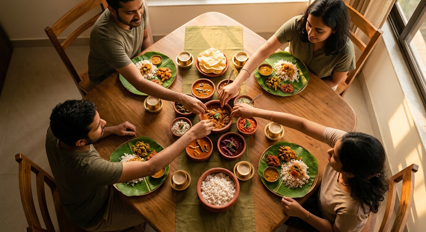 Four people reaching toward a shared meal at the center of a table, the gesture the mark's four figures are drawn from