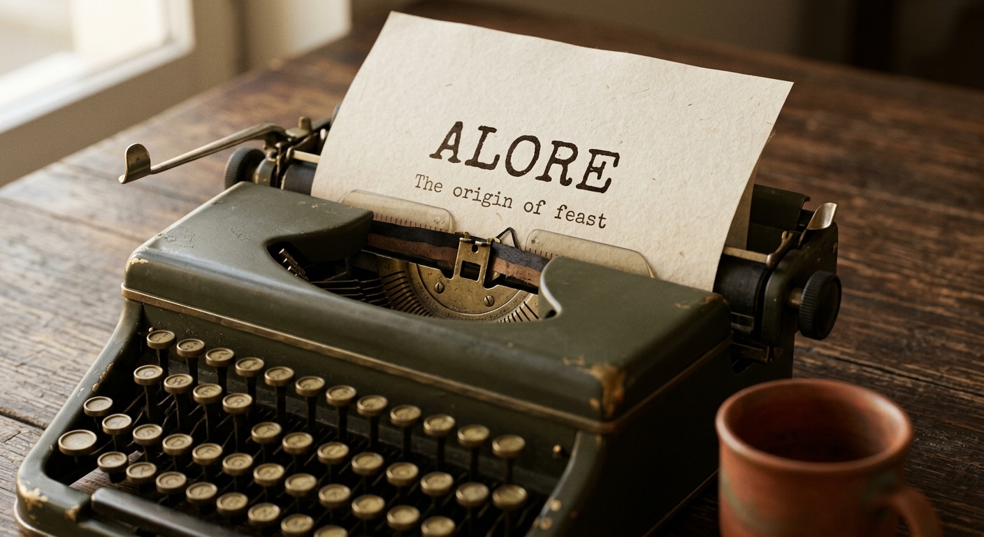 A vintage typewriter with the Alore wordmark typed onto paper, showing the American Typewriter typeface