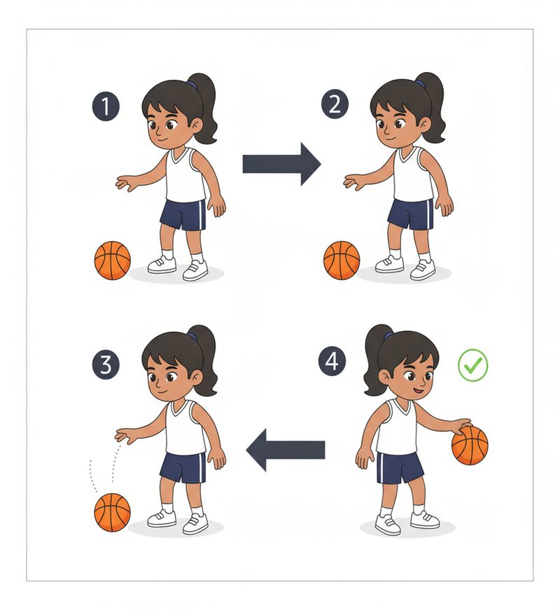 Basketball exercise illustration, four panels