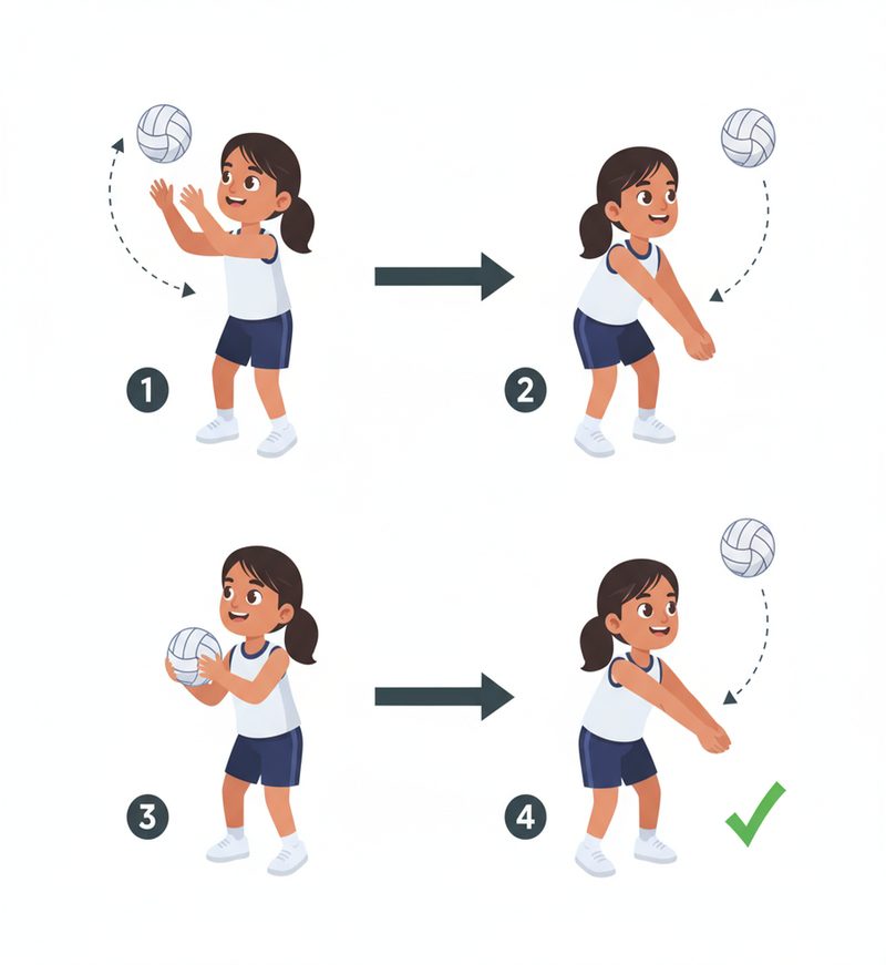 Volleyball exercise illustration, four panels