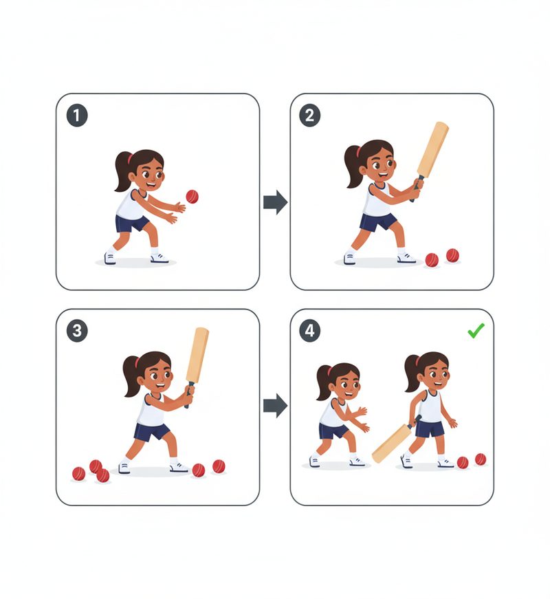 Cricket exercise illustration, four panels