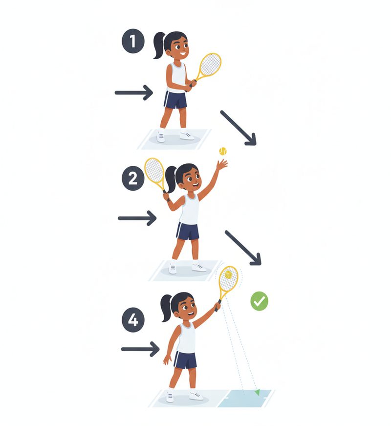 Tennis exercise illustration, four panels