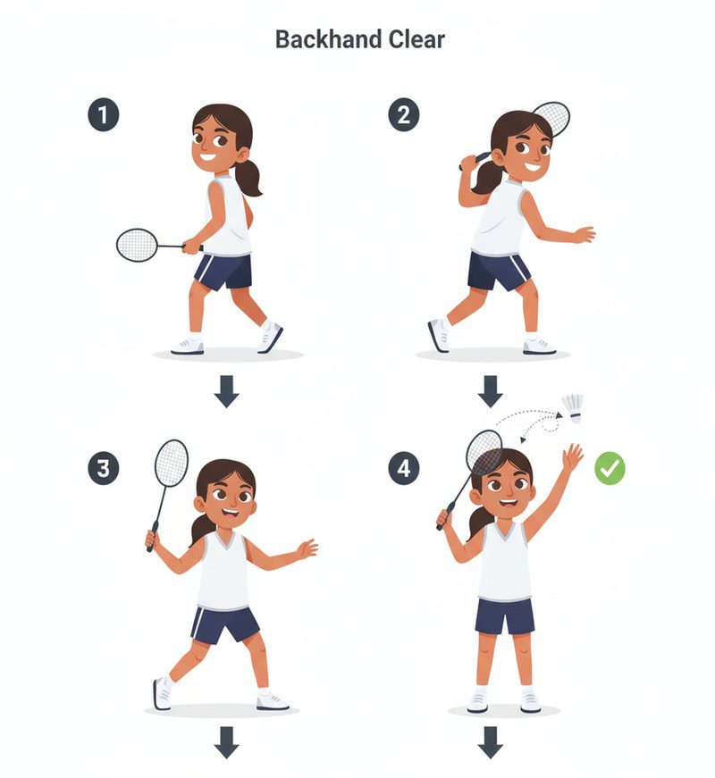 Badminton exercise illustration, four panels
